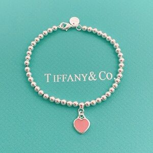 Tiffany & Co. Silver Beaded Bracelet with Pink Heart Charm